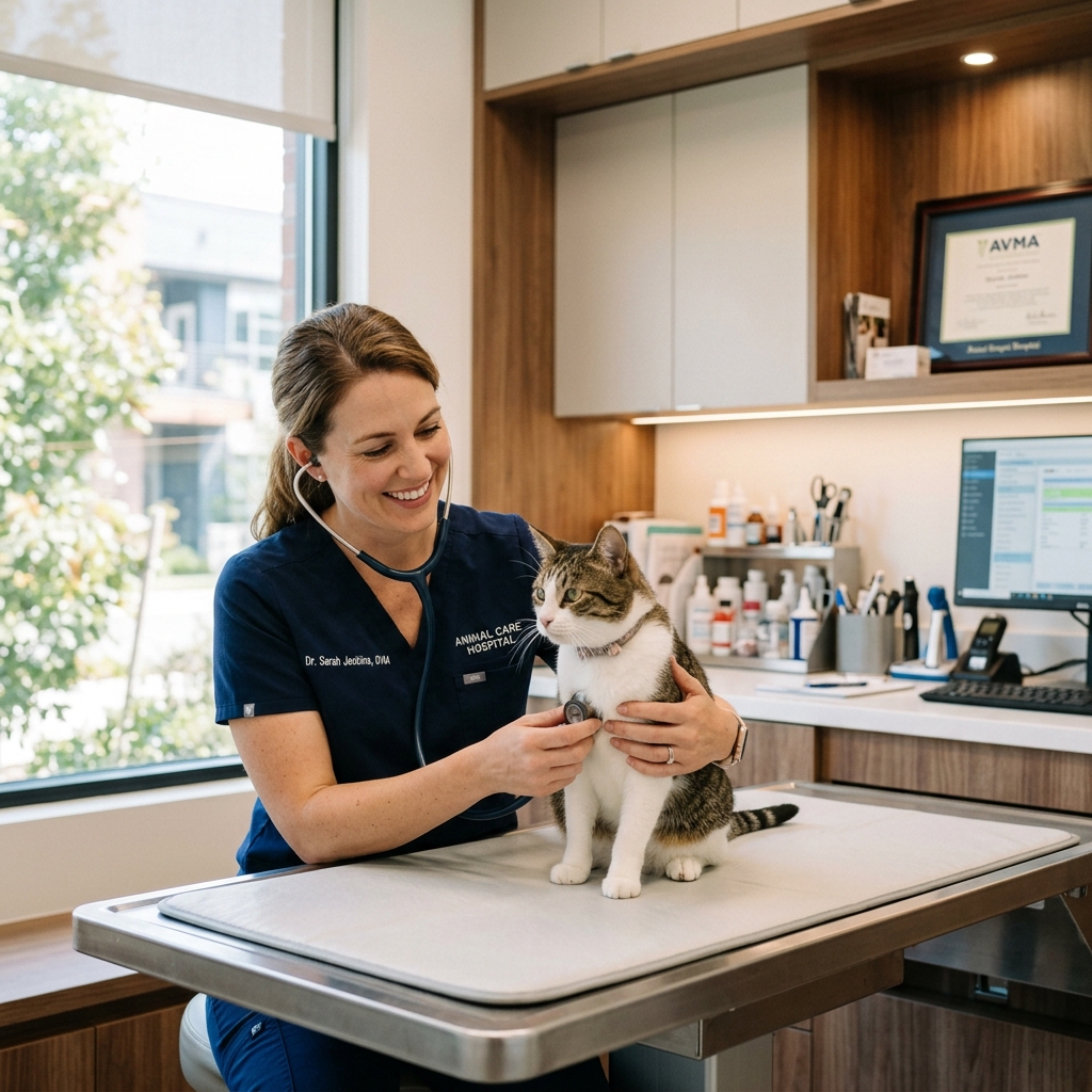 Friendly female veterinarian checking a cat with a stethoscope in a modern clinic