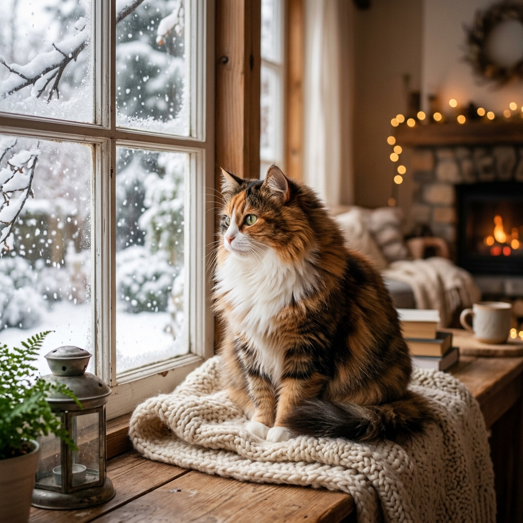 A fluffy cat sitting by a warm window looking out at snowy weather